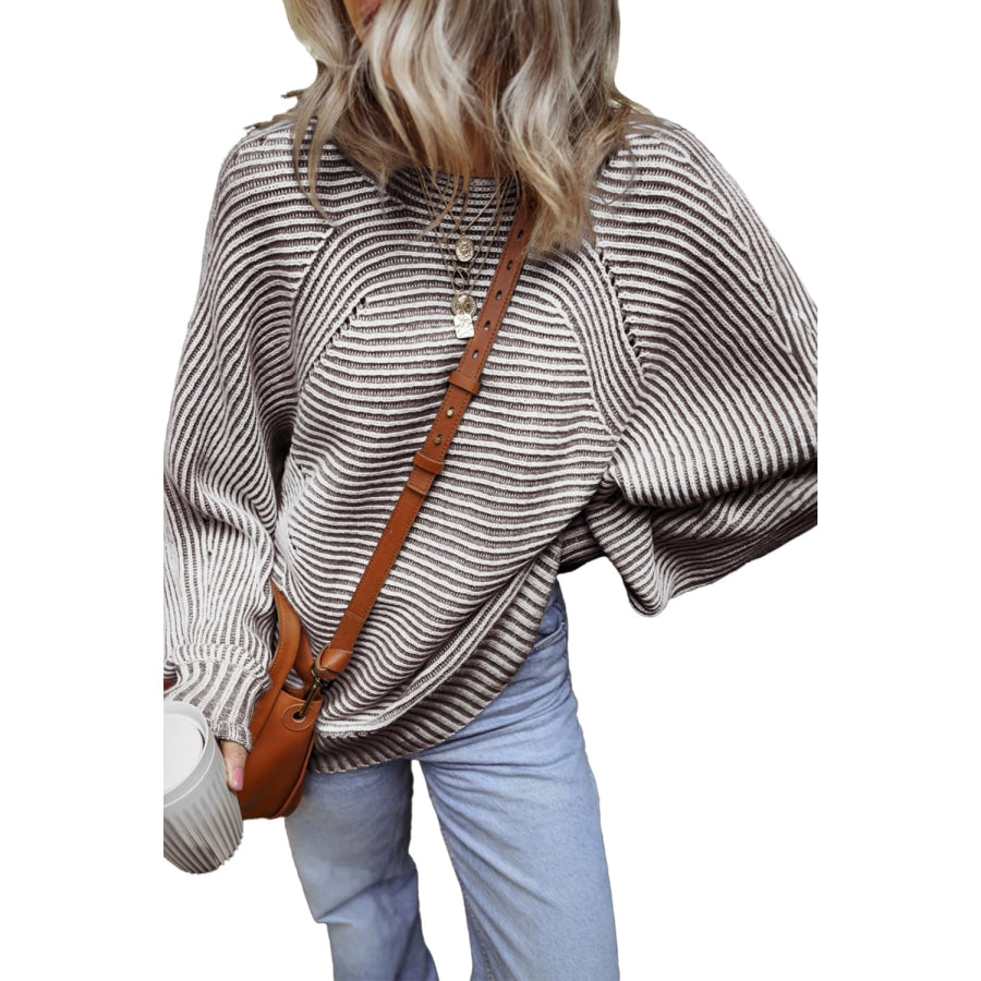 Textured Striped Round Neck Long Sleeve Top Apparel and Accessories