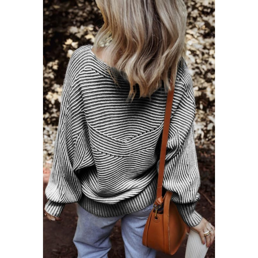 Textured Striped Round Neck Long Sleeve Top Apparel and Accessories