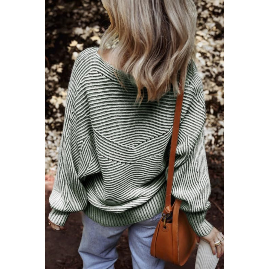 Textured Striped Round Neck Long Sleeve Top Apparel and Accessories