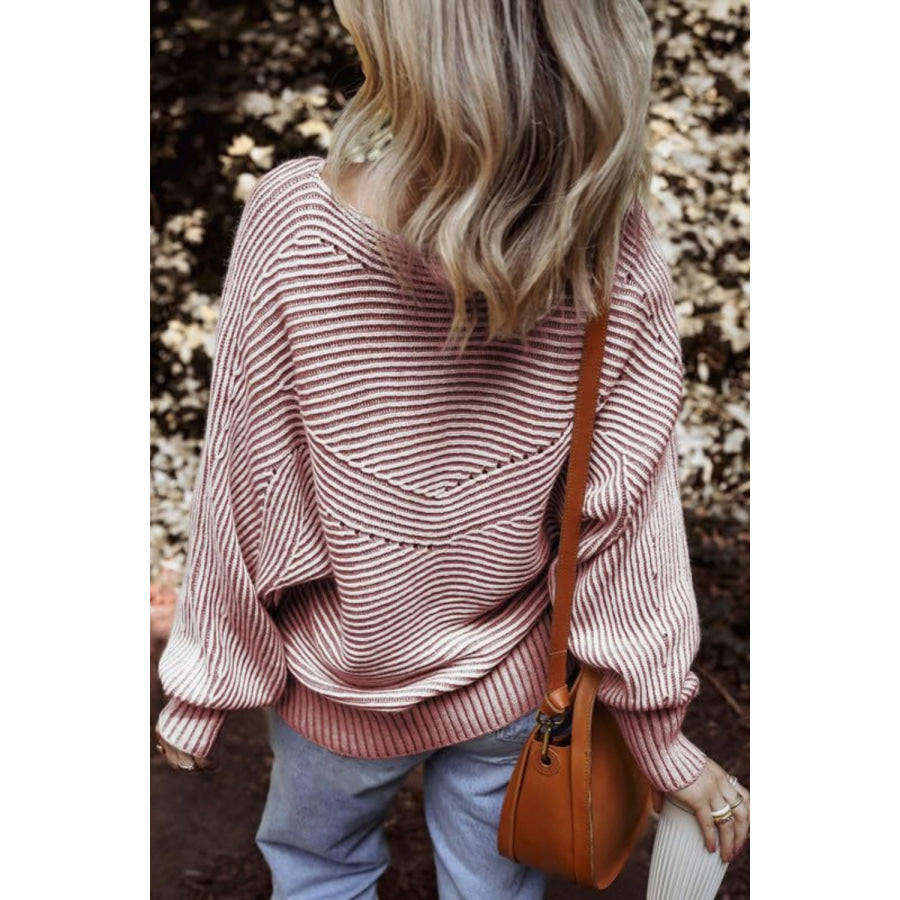 Textured Striped Round Neck Long Sleeve Top Apparel and Accessories