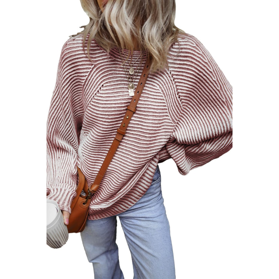 Textured Striped Round Neck Long Sleeve Top Apparel and Accessories