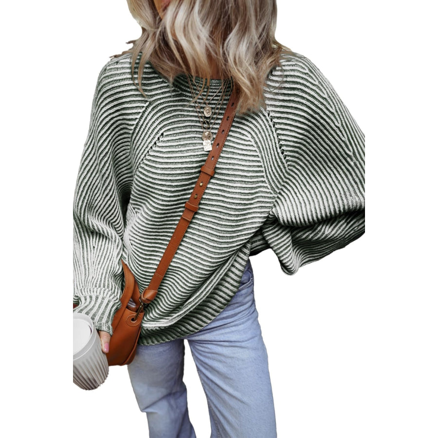 Textured Striped Round Neck Long Sleeve Top Apparel and Accessories