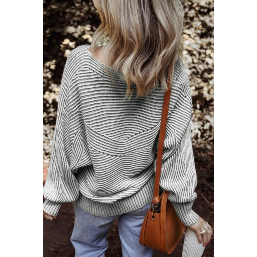 Textured Striped Round Neck Long Sleeve Top Apparel and Accessories