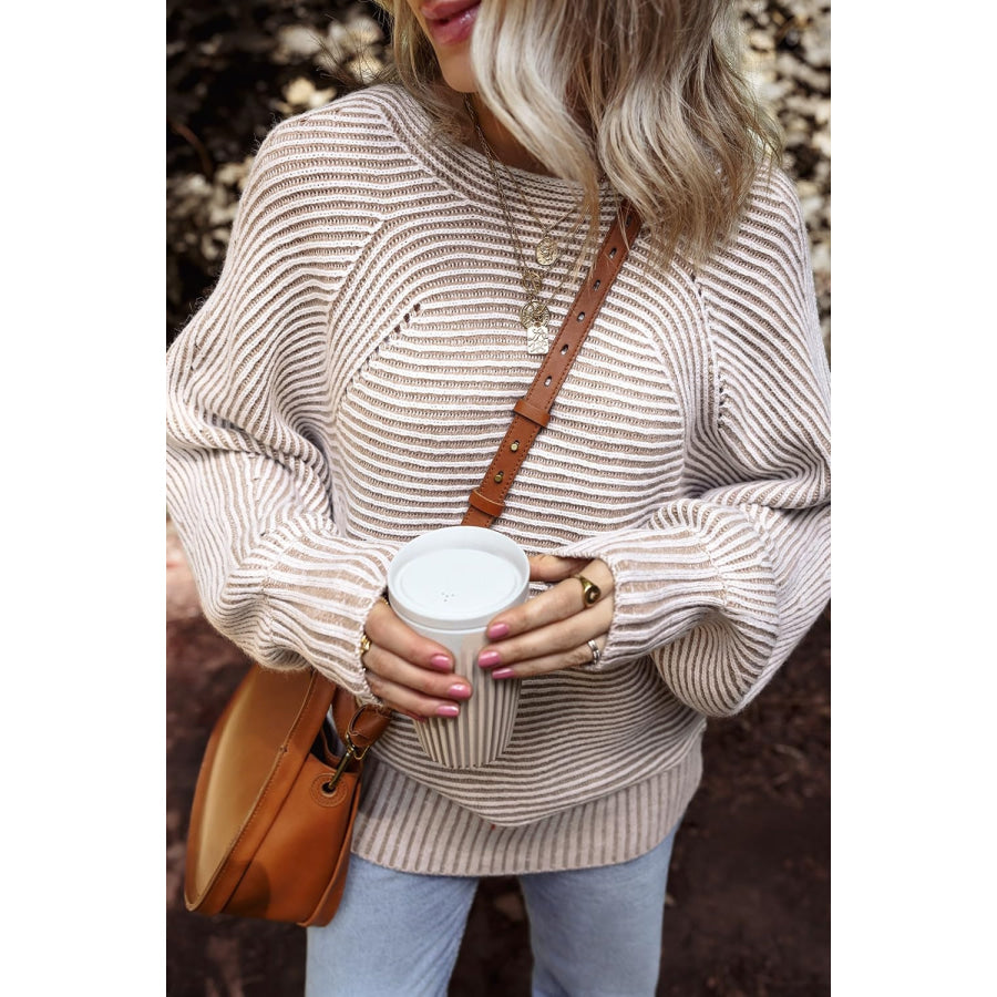 Textured Striped Round Neck Long Sleeve Top Apparel and Accessories