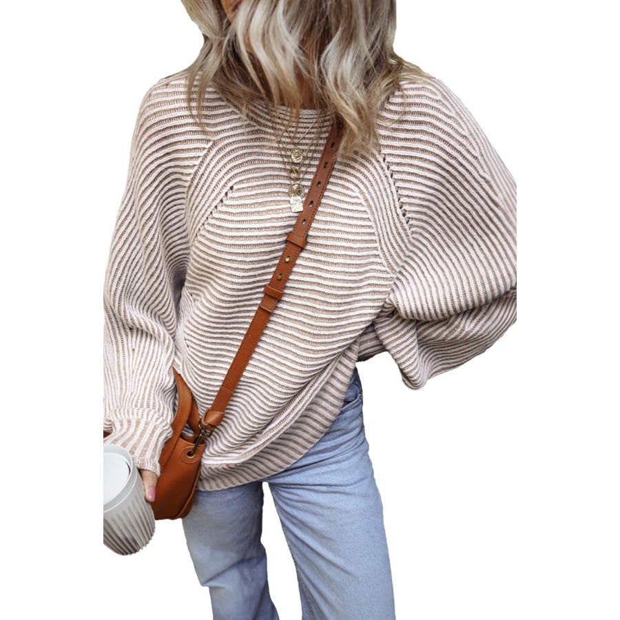 Textured Striped Round Neck Long Sleeve Top Apparel and Accessories