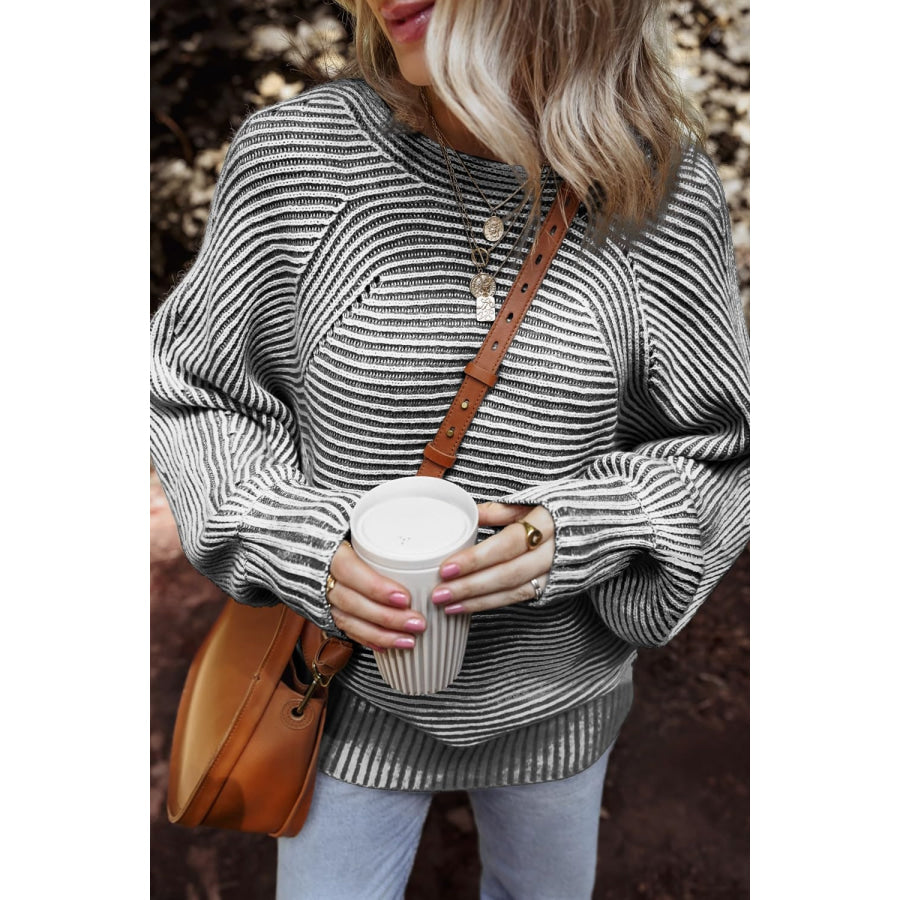 Textured Striped Round Neck Long Sleeve Top Black / S Apparel and Accessories