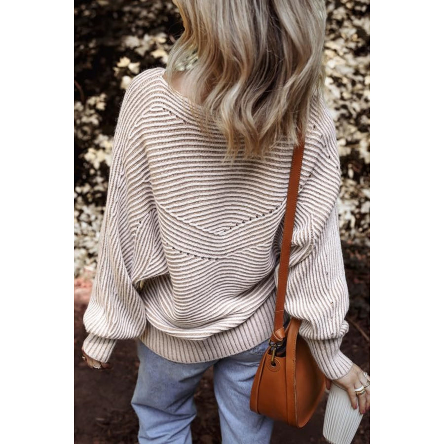 Textured Striped Round Neck Long Sleeve Top Dust Storm / S Apparel and Accessories