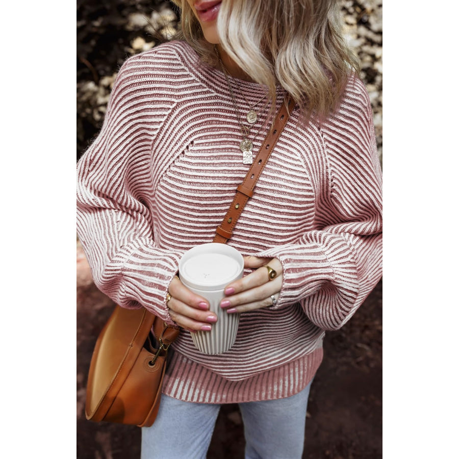 Textured Striped Round Neck Long Sleeve Top Dusty Pink / S Apparel and Accessories