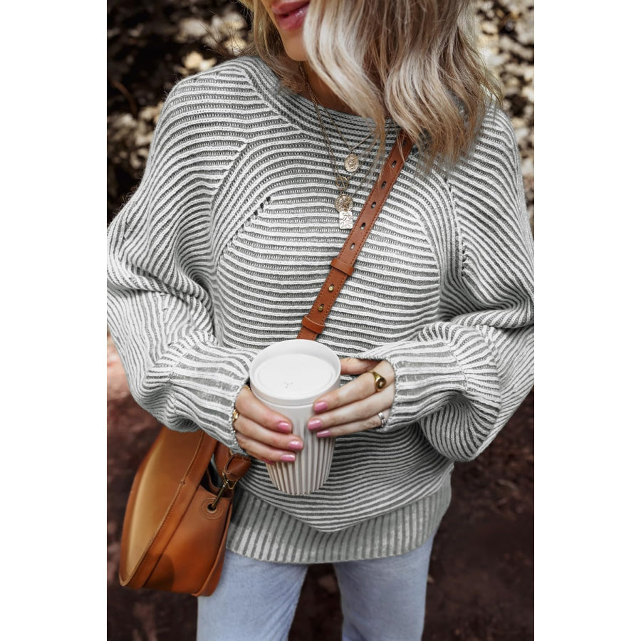 Textured Striped Round Neck Long Sleeve Top Gray / S Apparel and Accessories