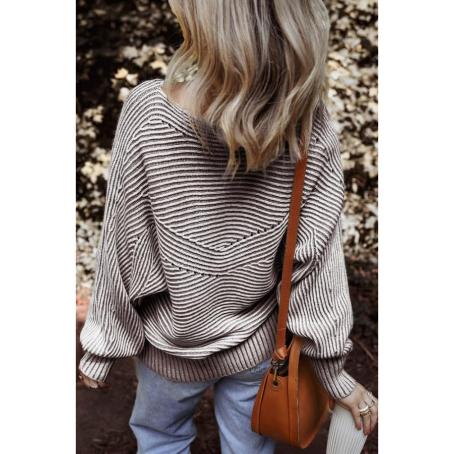 Textured Striped Round Neck Long Sleeve Top Taupe / S Apparel and Accessories