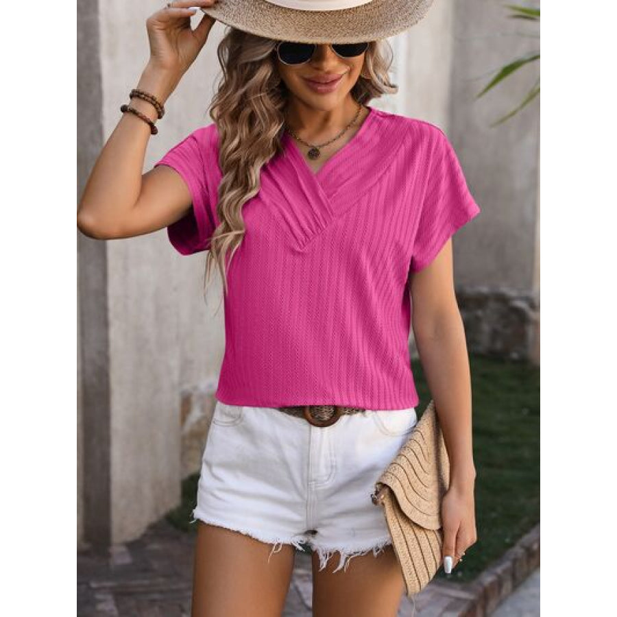 Textured Surplice Short Sleeve Blouse Apparel and Accessories