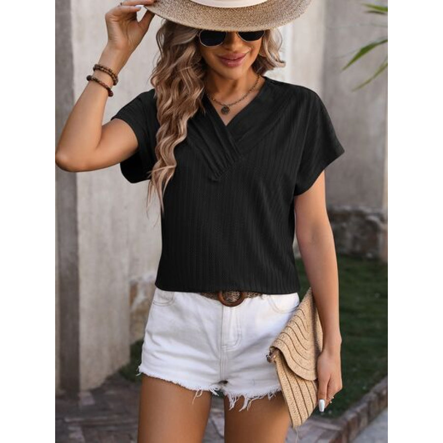 Textured Surplice Short Sleeve Blouse Apparel and Accessories