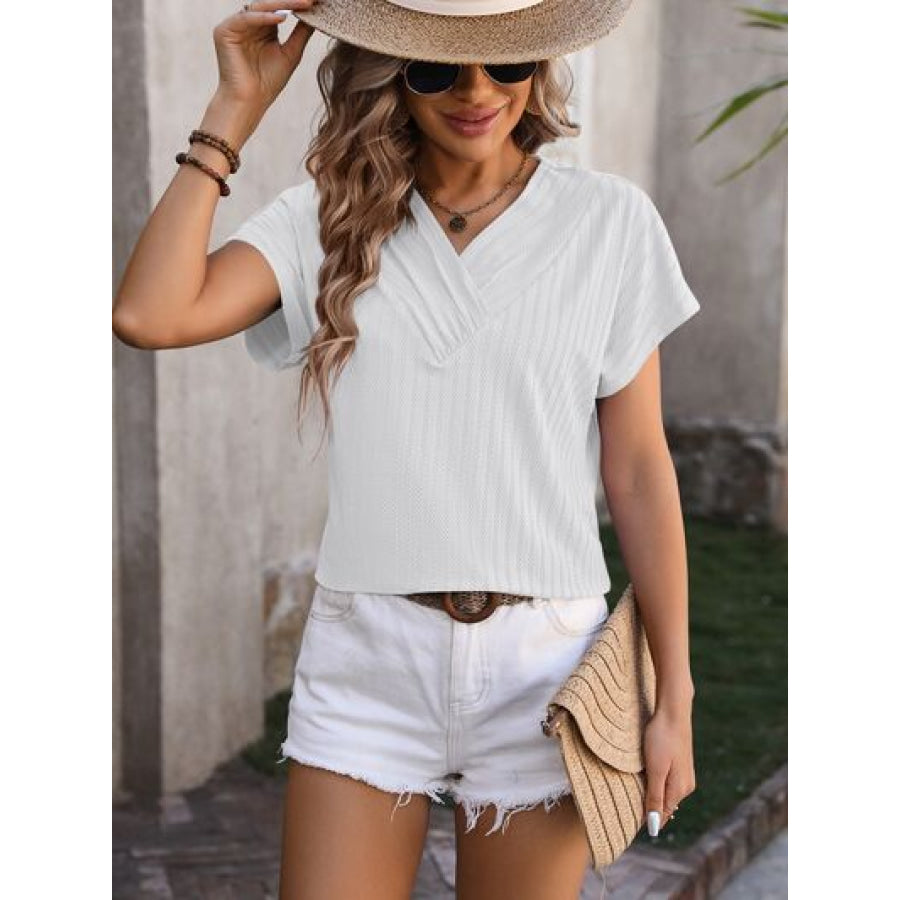 Textured Surplice Short Sleeve Blouse Apparel and Accessories