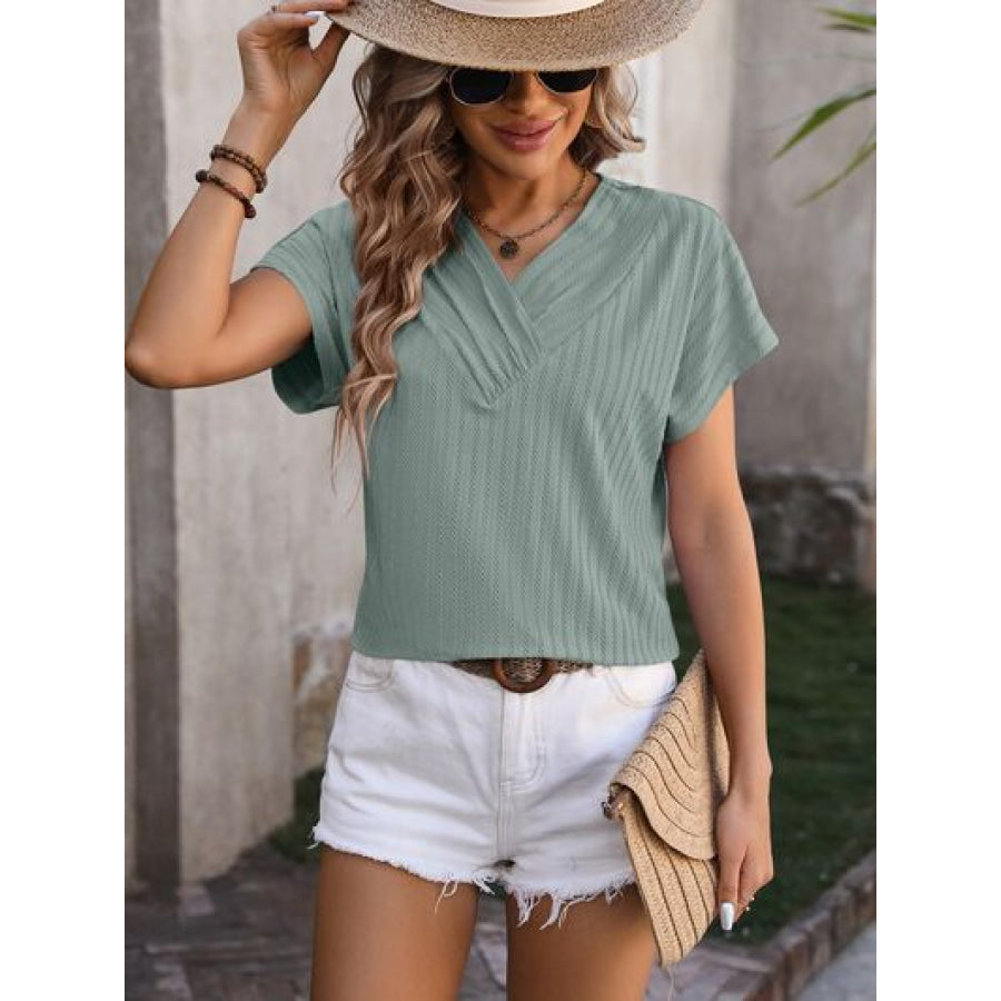 Textured Surplice Short Sleeve Blouse Apparel and Accessories