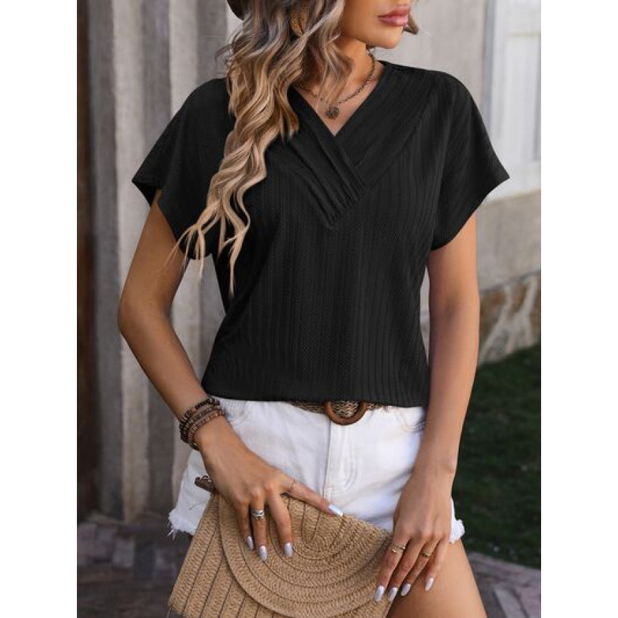 Textured Surplice Short Sleeve Blouse Black / S Apparel and Accessories