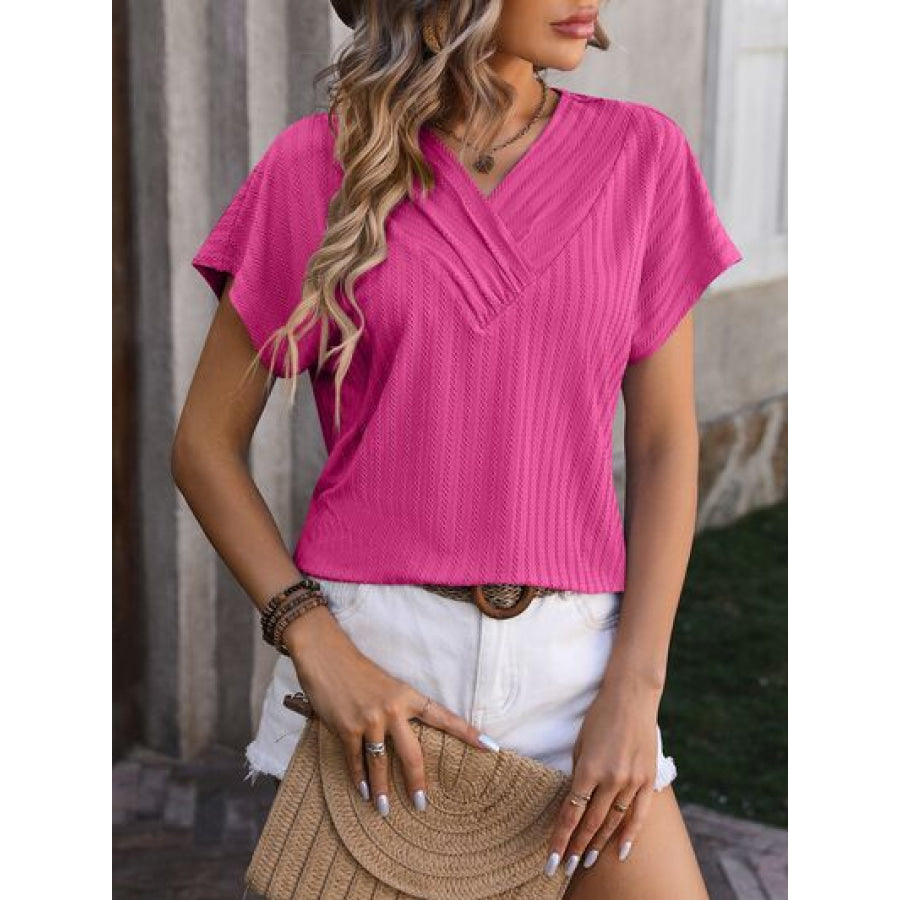 Textured Surplice Short Sleeve Blouse Hot Pink / S Apparel and Accessories