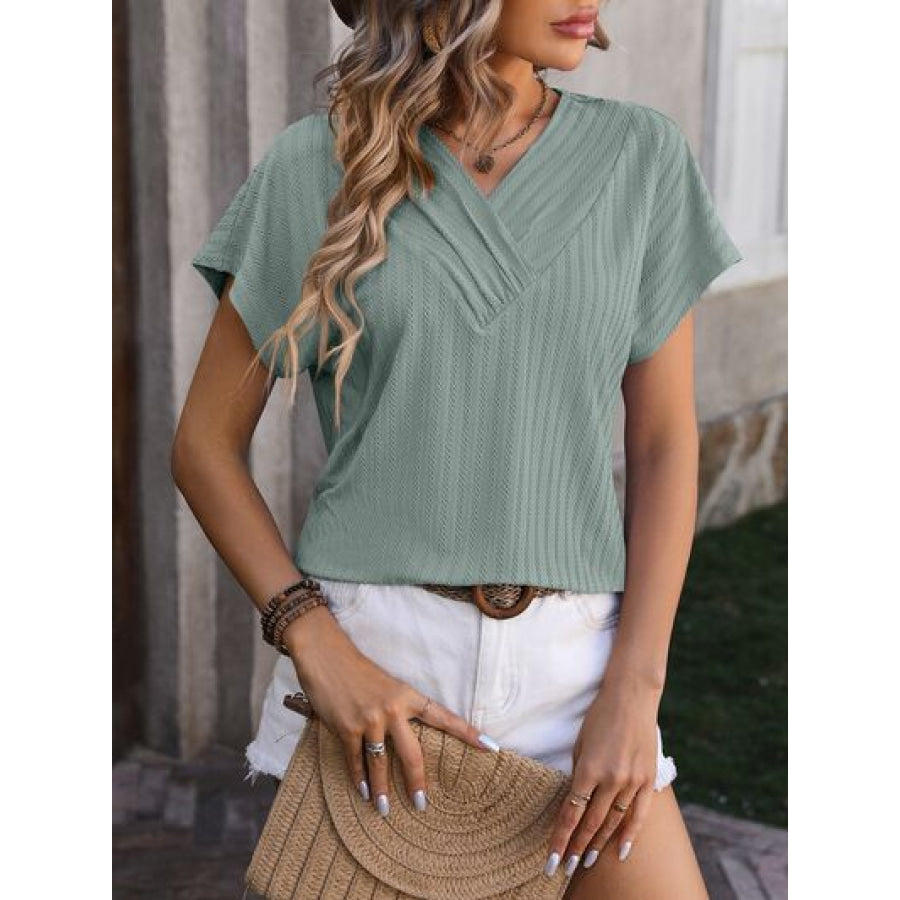 Textured Surplice Short Sleeve Blouse Sage / S Apparel and Accessories