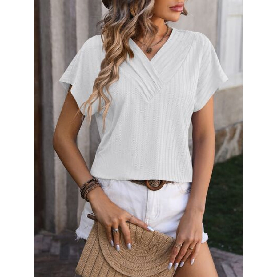 Textured Surplice Short Sleeve Blouse White / S Apparel and Accessories