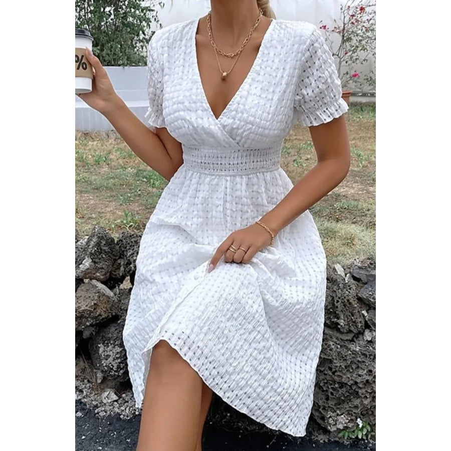 Textured Surplice Short Sleeve Dress White / S Apparel and Accessories