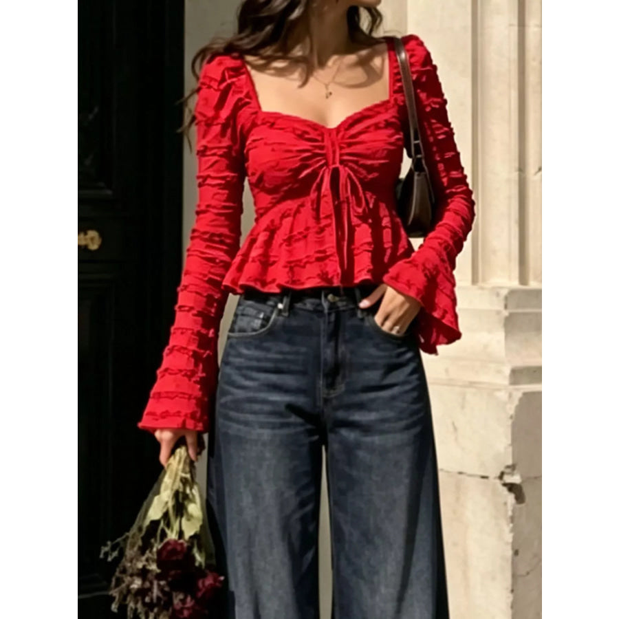 Textured Sweetheart Neck Flare Sleeve Top Apparel and Accessories