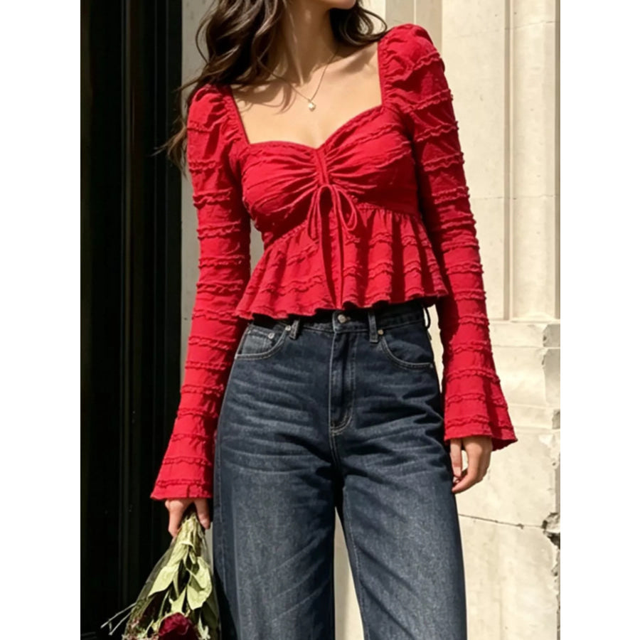 Textured Sweetheart Neck Flare Sleeve Top Apparel and Accessories