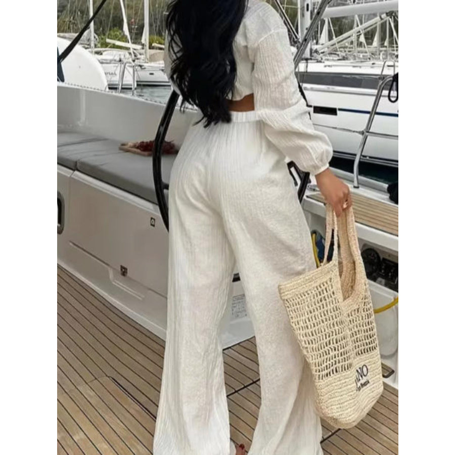 Textured Tie-Front Crop Top and Wide Leg Pants Set Apparel and Accessories