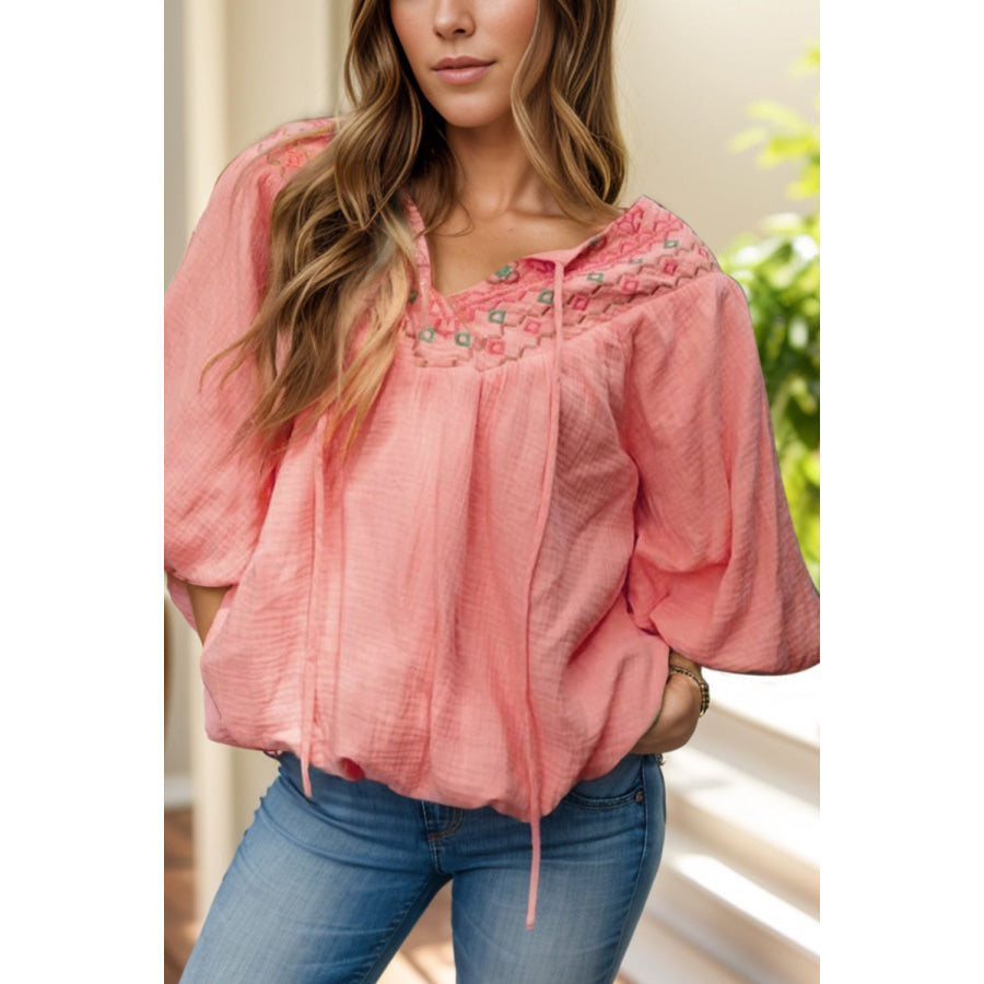 Textured Tie Neck Blouse Blush Pink / S Apparel and Accessories