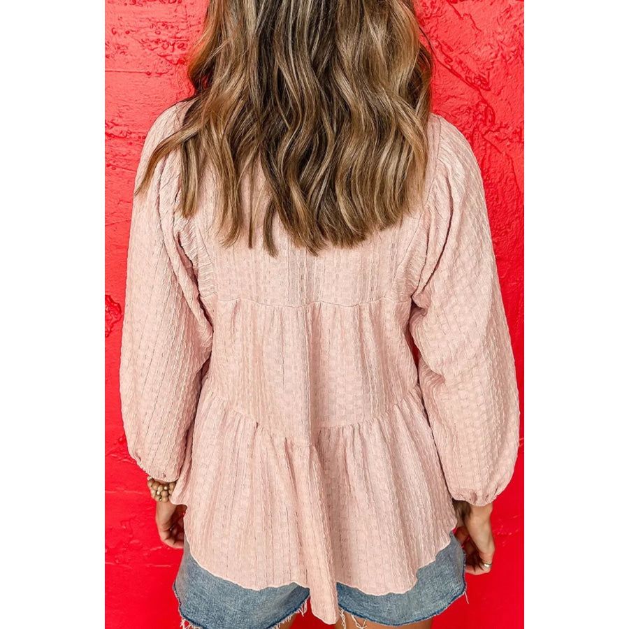 Textured Tie Neck Three-Quarter Sleeve Blouse Watermelon pink / S Apparel and Accessories