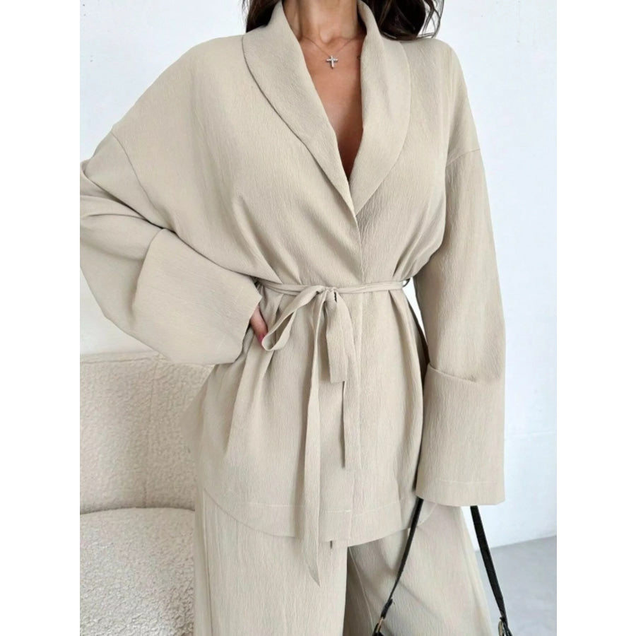Textured Tie Waist Top and Wide-Leg Pants Set Apricot / S Apparel and Accessories