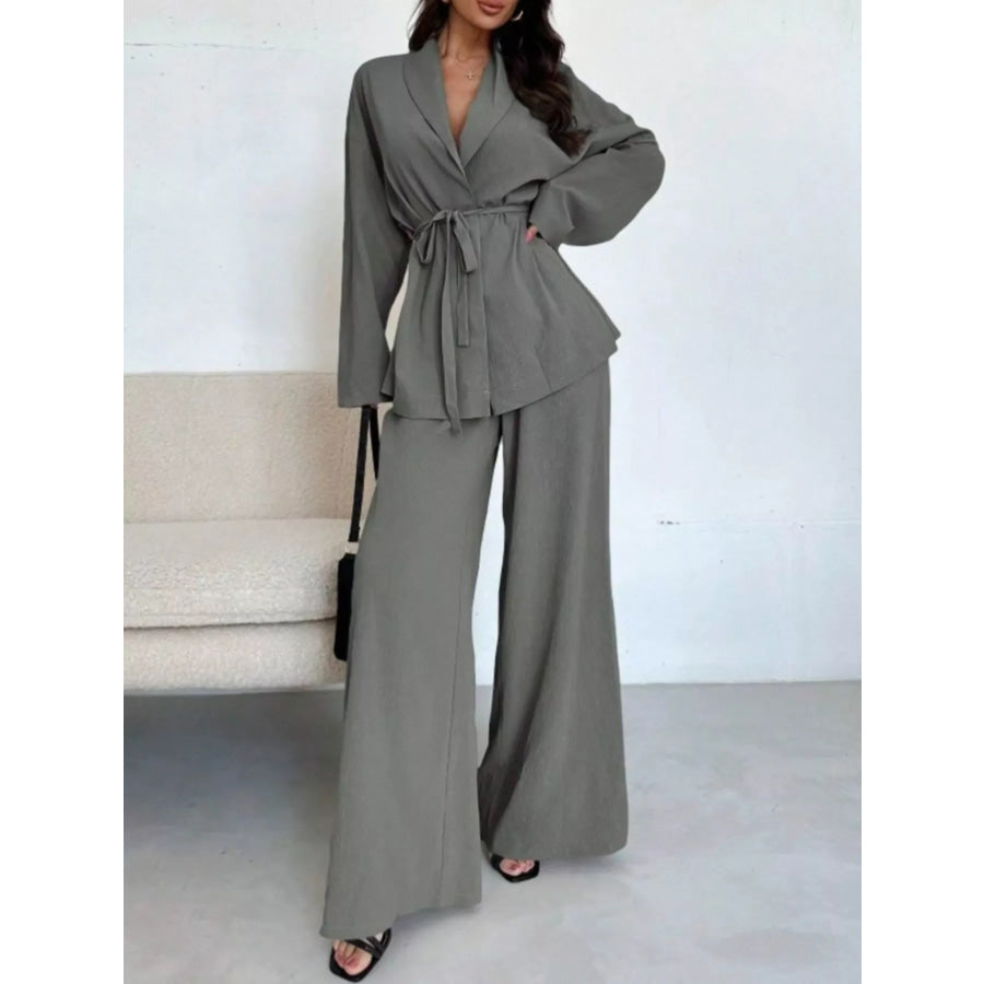 Textured Tie Waist Top and Wide-Leg Pants Set Apparel and Accessories