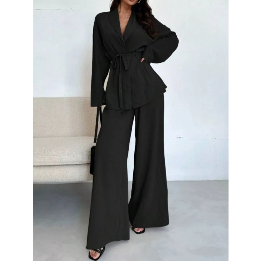 Textured Tie Waist Top and Wide-Leg Pants Set Apparel and Accessories
