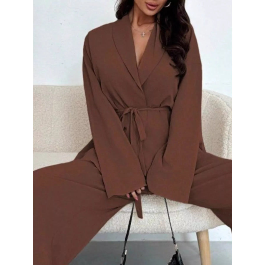 Textured Tie Waist Top and Wide-Leg Pants Set Apparel and Accessories