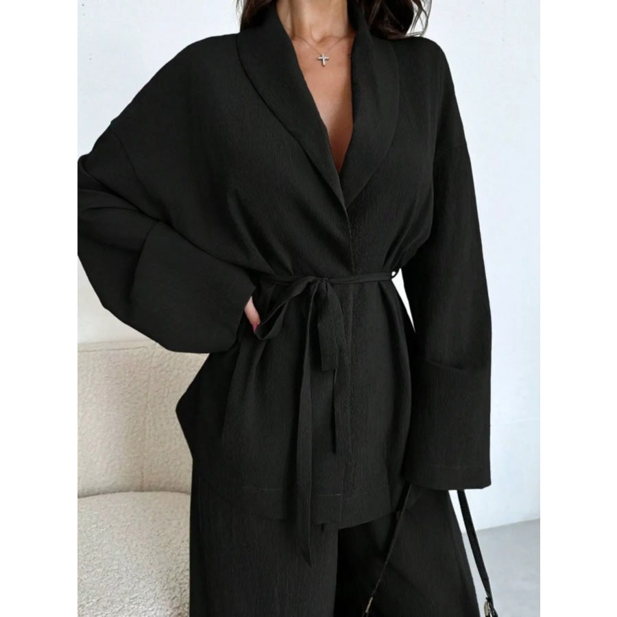 Textured Tie Waist Top and Wide-Leg Pants Set Apparel and Accessories