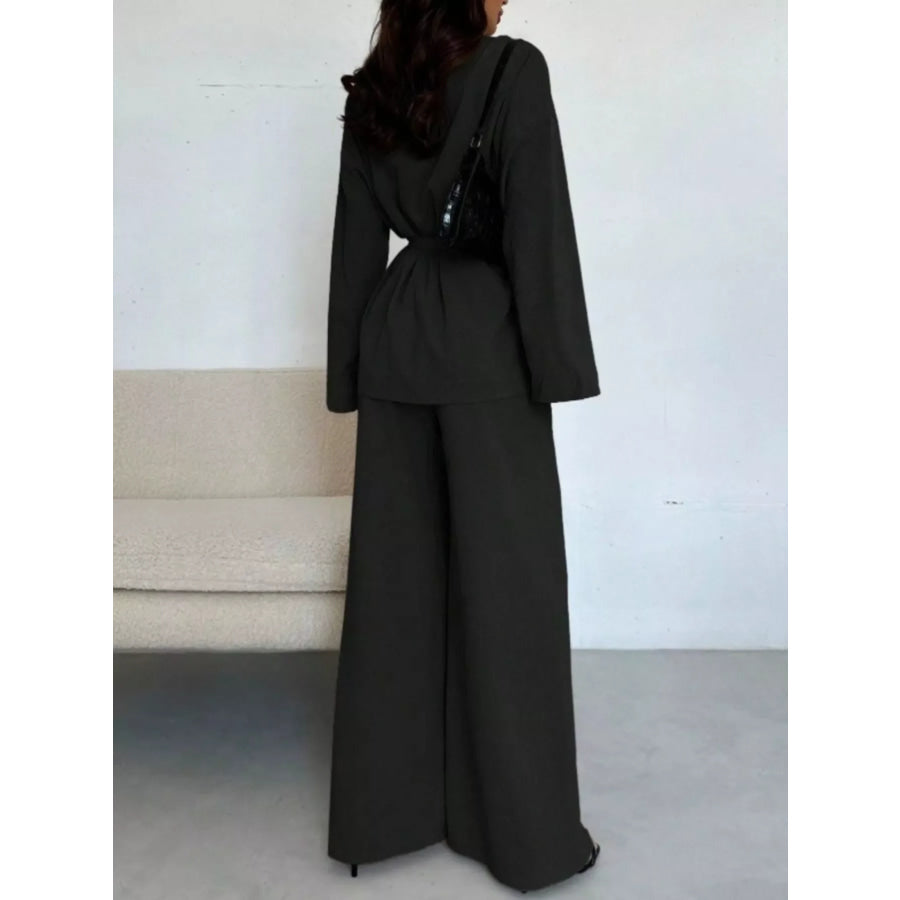 Textured Tie Waist Top and Wide-Leg Pants Set Apparel and Accessories