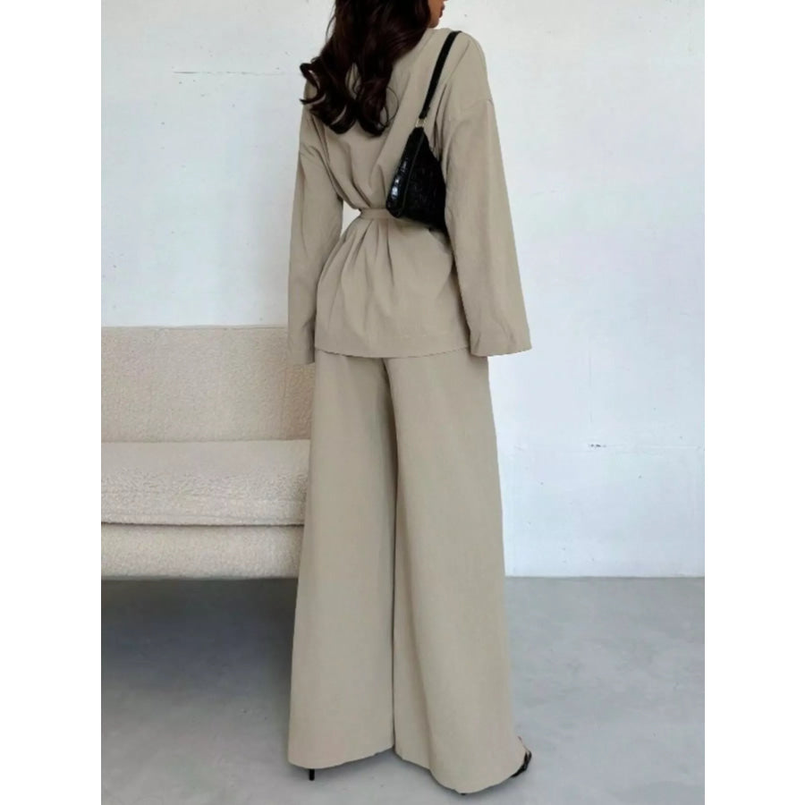 Textured Tie Waist Top and Wide-Leg Pants Set Apparel and Accessories