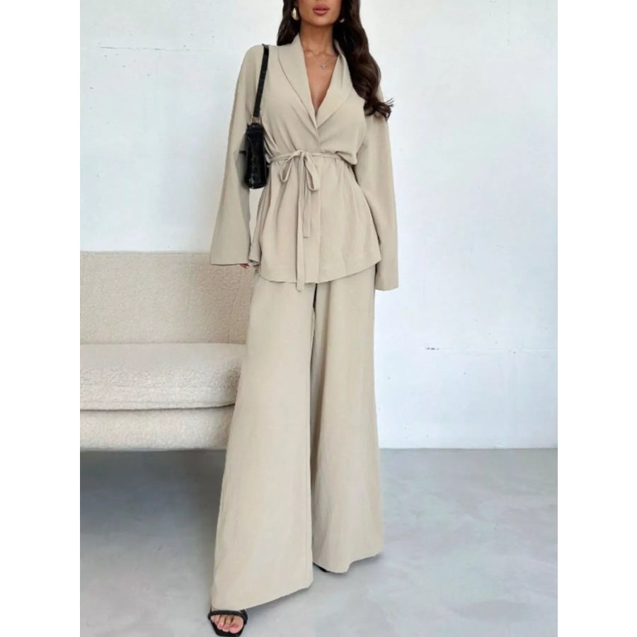 Textured Tie Waist Top and Wide-Leg Pants Set Apparel and Accessories