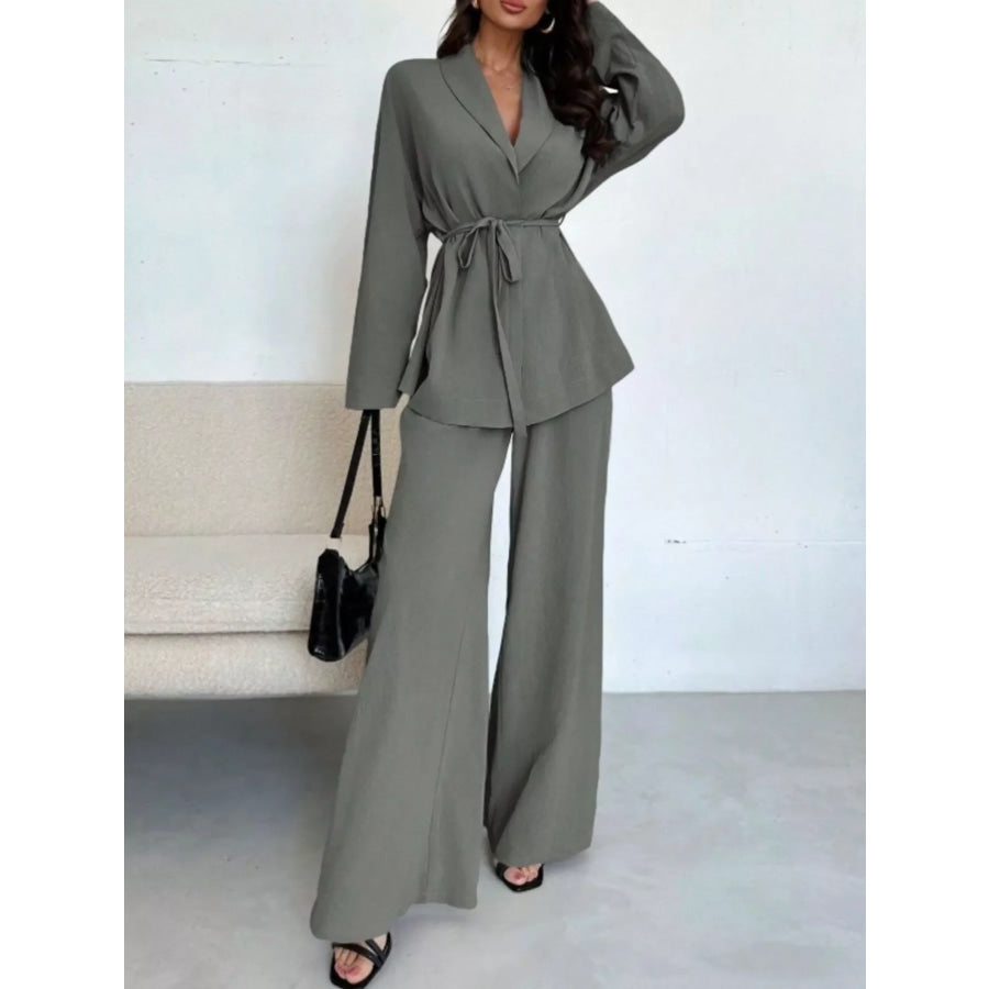 Textured Tie Waist Top and Wide-Leg Pants Set Apparel and Accessories
