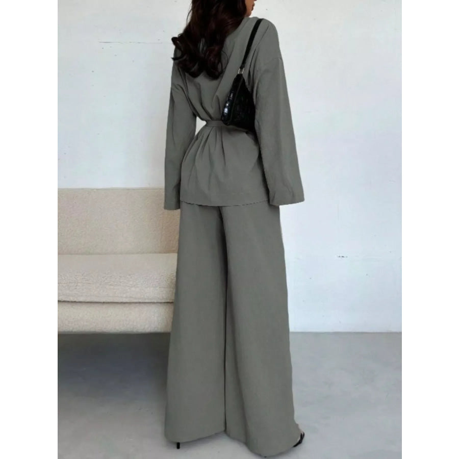 Textured Tie Waist Top and Wide-Leg Pants Set Apparel and Accessories