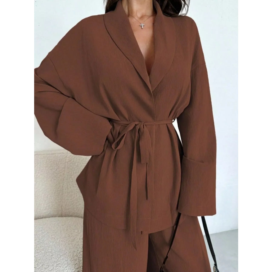 Textured Tie Waist Top and Wide-Leg Pants Set Apparel and Accessories