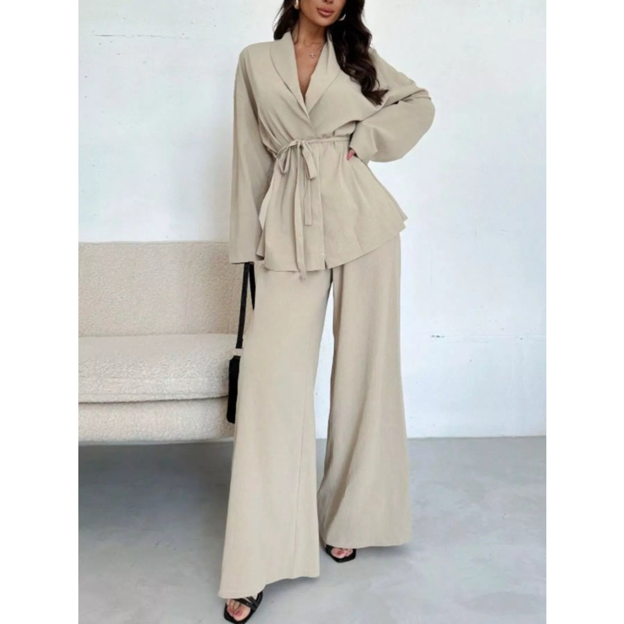 Textured Tie Waist Top and Wide-Leg Pants Set Apparel and Accessories