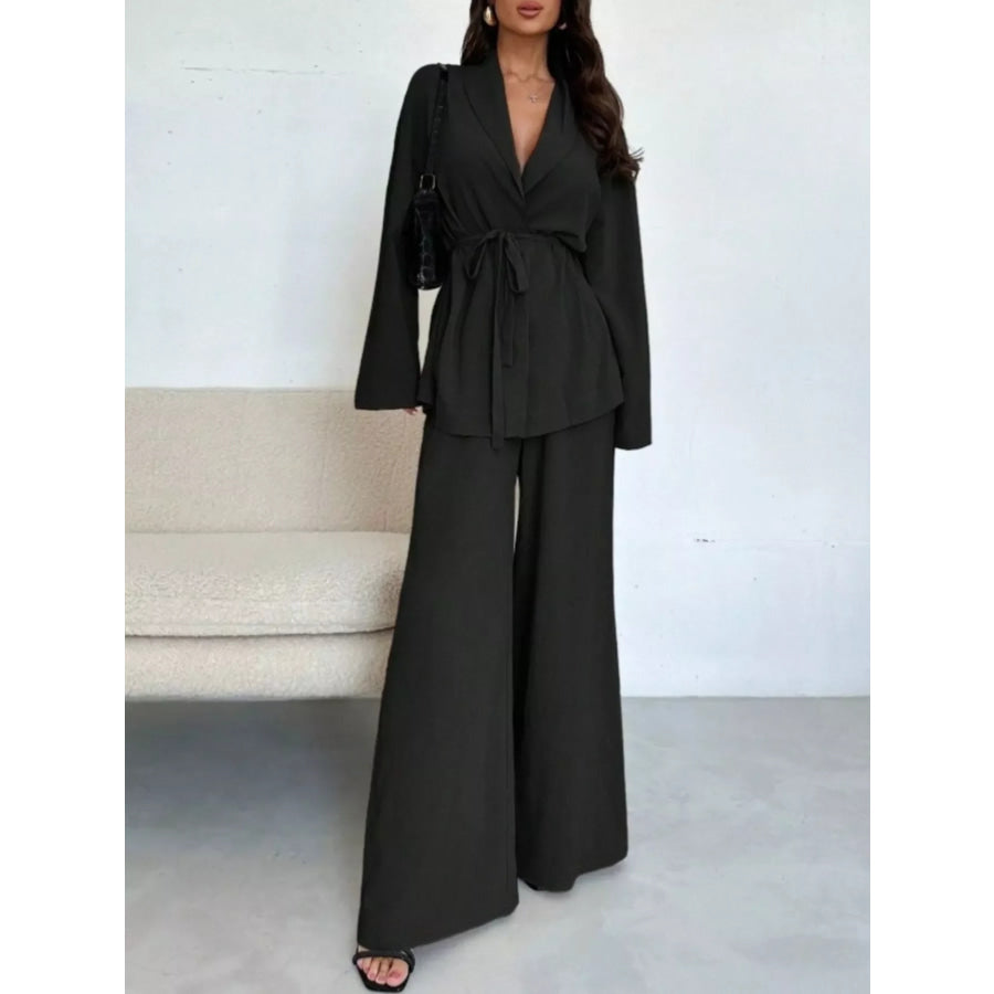 Textured Tie Waist Top and Wide-Leg Pants Set Apparel and Accessories