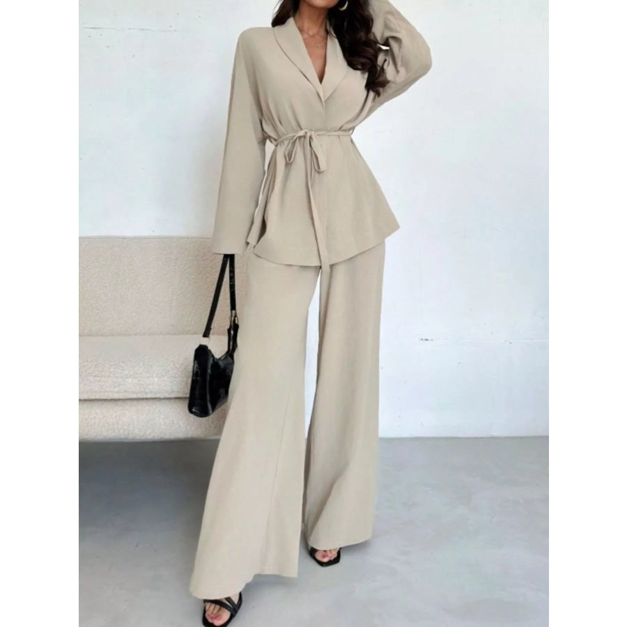 Textured Tie Waist Top and Wide-Leg Pants Set Apricot / S Apparel and Accessories
