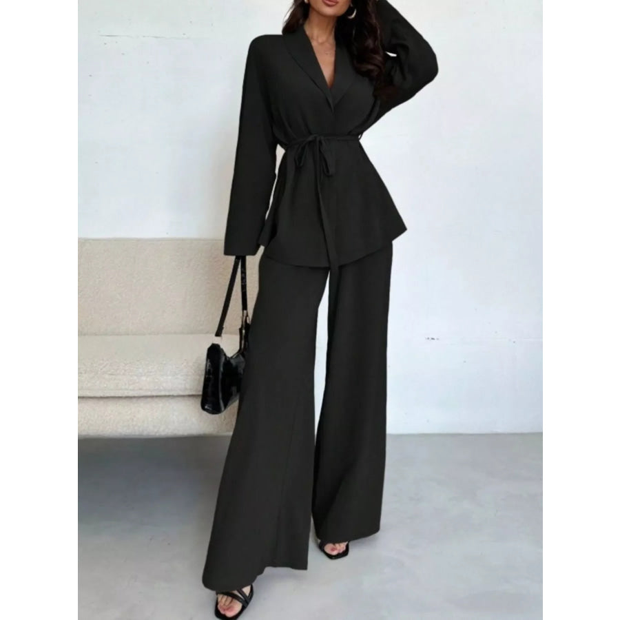Textured Tie Waist Top and Wide-Leg Pants Set Black / S Apparel and Accessories