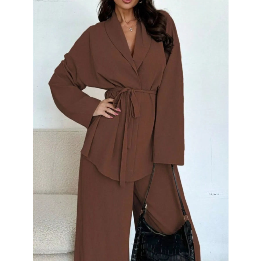 Textured Tie Waist Top and Wide-Leg Pants Set Dark Brown / S Apparel and Accessories