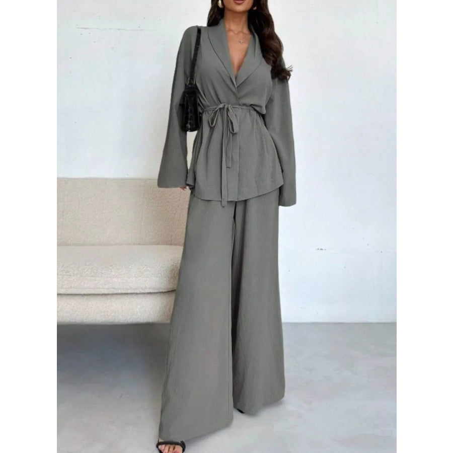 Textured Tie Waist Top and Wide-Leg Pants Set Grey / S Apparel and Accessories