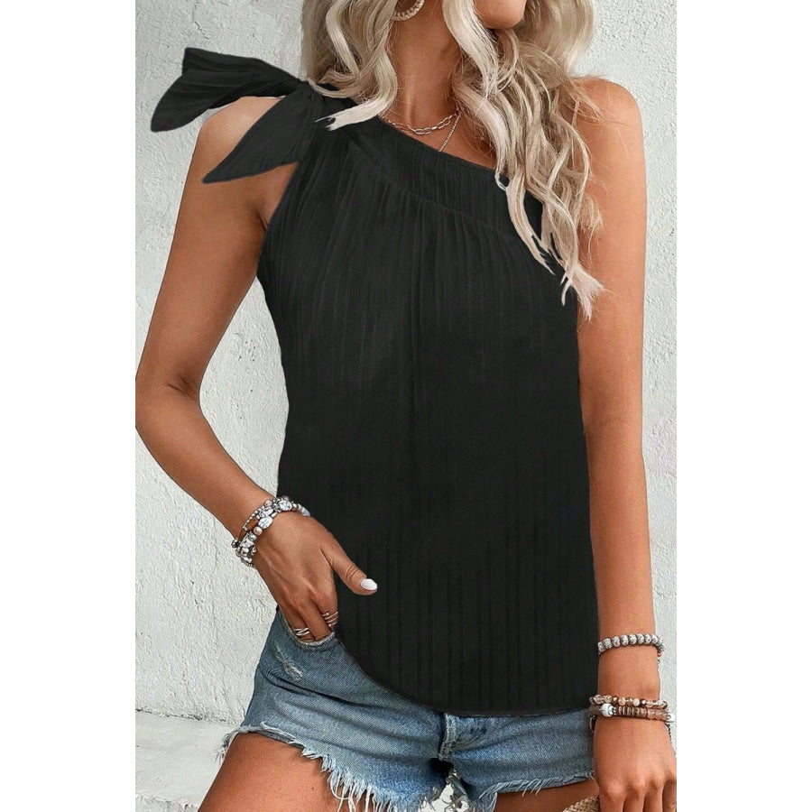 Textured Tied One Shoulder Tank Black / S Apparel and Accessories