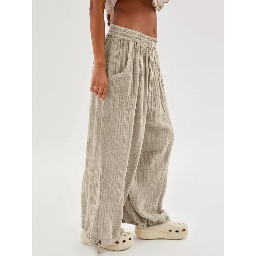 Textured Tied Pants with Pockets Apparel and Accessories