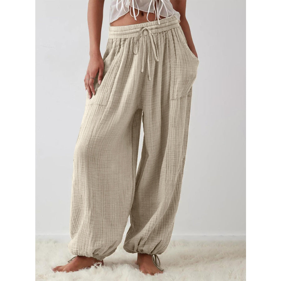 Textured Tied Pants with Pockets Khaki / S Apparel and Accessories