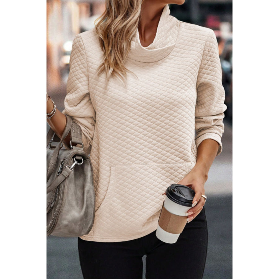 Textured Turtleneck Long Sleeve Sweatshirt Beige / S Apparel and Accessories