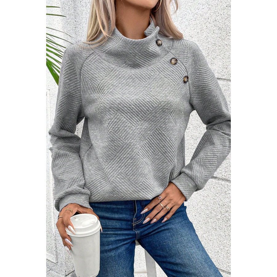 Textured Turtleneck Long Sleeve Sweatshirt Gray / S Apparel and Accessories